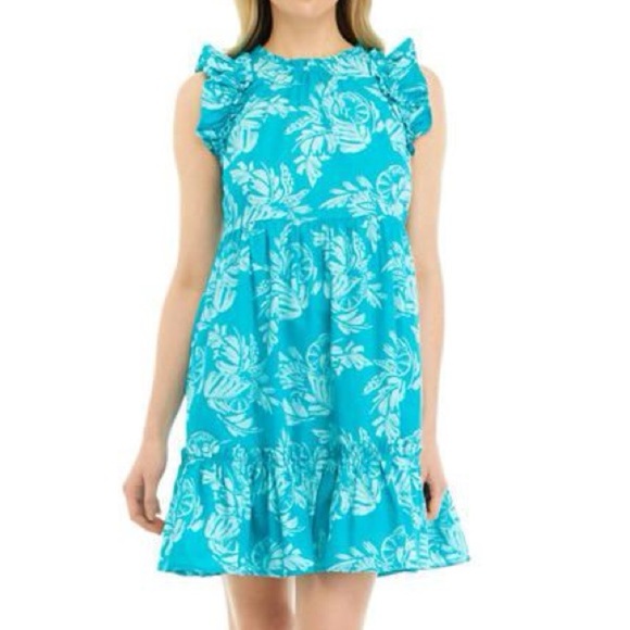 crown & ivy Dresses & Skirts - Crown & Ivy Turquoise Palm Print Dress Size Small Ruffle Sleeveless Summer